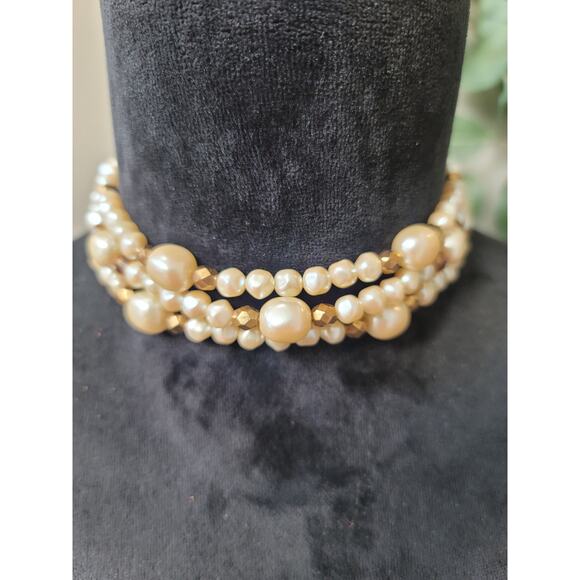 Women's Pearl Beaded Choker Necklace With Hook Clasp Elegant Layered Style - Picture 1 of 6